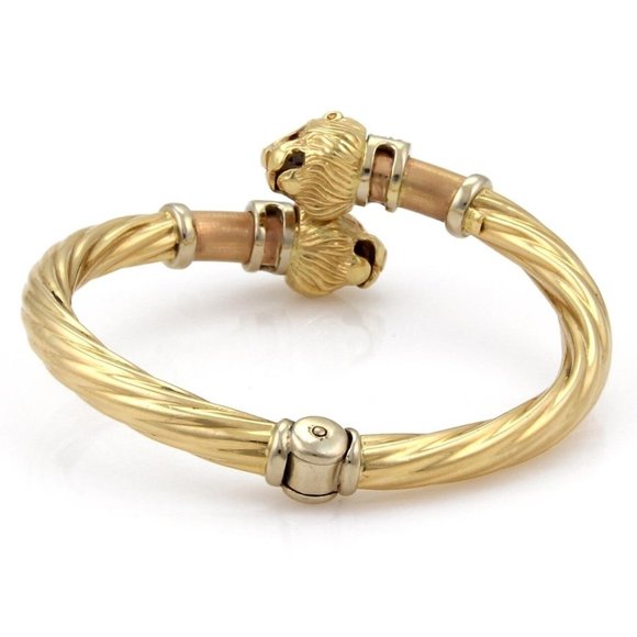 18k Gold Ruby Sapphire Animal Head Cuff Bangle - Picture 3 of 3